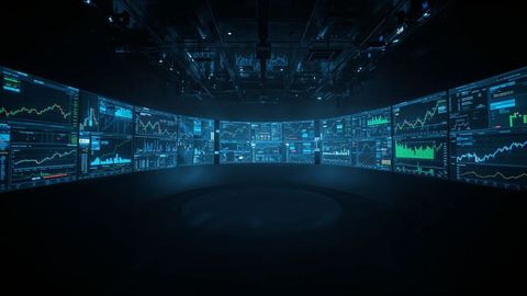 Futuristic financial analysis in high tech room with curved displays