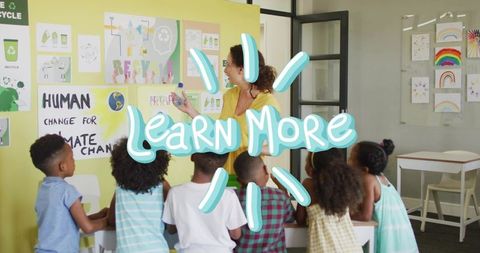 Teacher guiding diverse kids in classroom recycling lesson promoting climate action