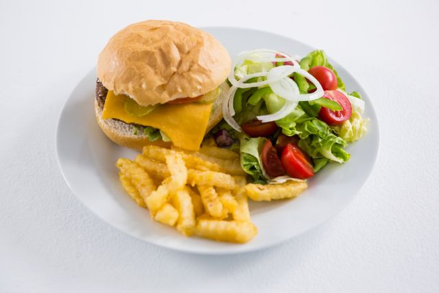 Burger with salad and French fries in plate on white background