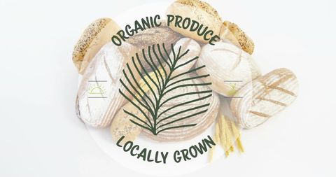 Organic Produce Locally Grown Banner over Variety of Artisan Bread