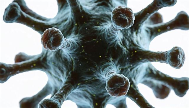 3d visualization of viral particle with bulbous spike proteins rotating in high detail