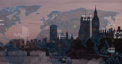 Global network overlay on london skyline for business technology