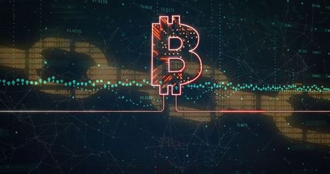 Bitcoin Symbol with Digital Circuitry and Blockchain Data
