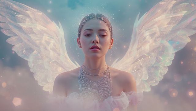 Ethereal Angelic Figure in Mystic Glow with Iridescent Wings