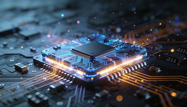 Glowing SoC Processor Mounted on High-Tech PCB with Neon Circuit Traces and Soldered Pins
