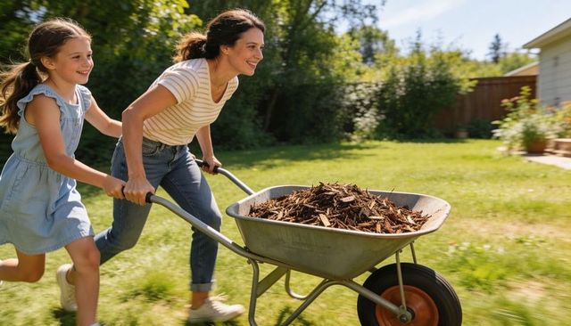 Mother and daughter pushing wheelbarrow loaded with mulch across sunny backyard lawn