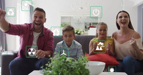 Eco-Friendly Family Celebrating in Smart Living Room