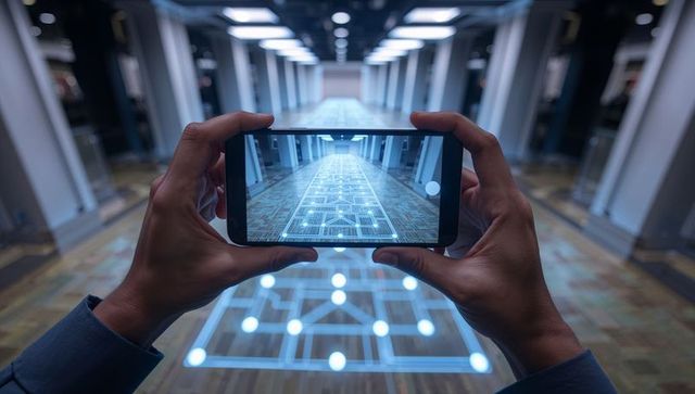 Holding smartphone capturing augmented reality floor grid in modern office corridor