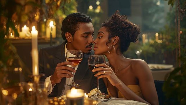 Romantic Couple Toasting Wine in Candlelit Garden Restaurant