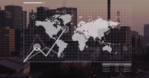 Digital interface with world map overlay on city skyline