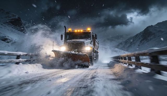 Snowplow truck plowing alpine highway at night with amber warning lights and snow spray