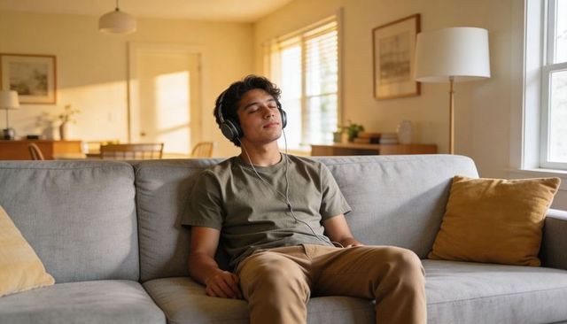 Hispanic young man relaxing on modern sofa listening to music with headphones at home