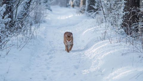 Eurasian lynx walking along snow-covered forest trail leaving distinctive paw prints