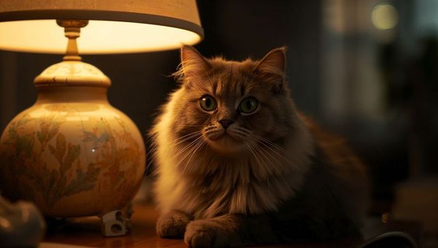 Cozy brown tabby cat basking in warm ceramic lamp glow on wooden table, green eyes, evening ambience
