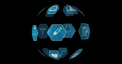 Rotating Sphere with Medical Icons on Black Background