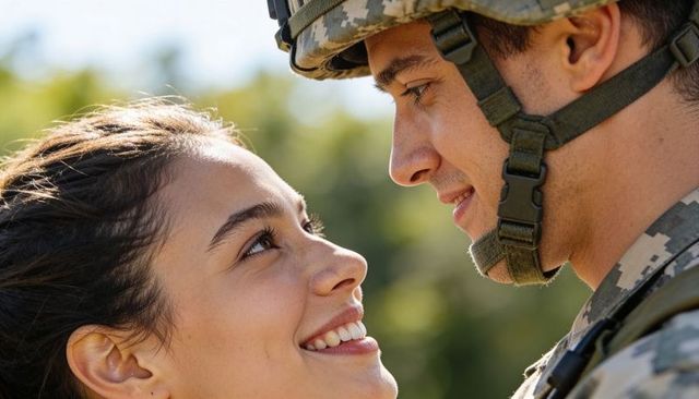 Smiling woman gazing at soldier in camouflage helmet, sunlit park romantic homecoming moment