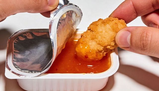 Hands dipping crispy chicken nugget into sweet chili sauce while peeling foil lid