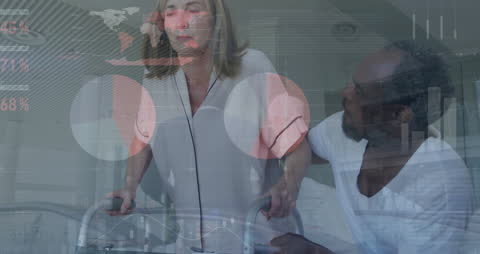 Digital Interface Overlays Senior Couple with Mobility Aid