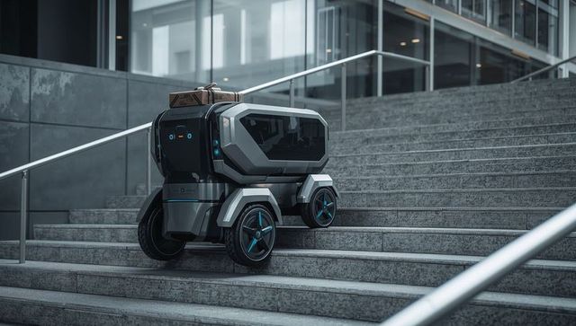 Autonomous delivery robot navigating stone stairs carrying parcels in modern office lobby