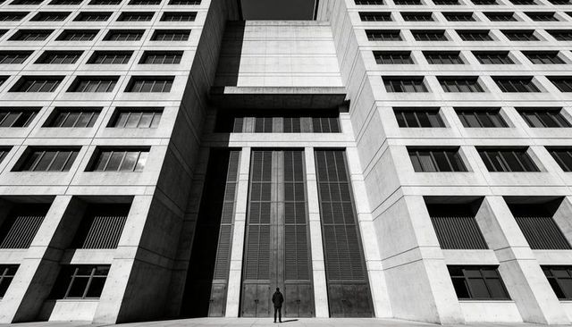 Solitary figure facing monumental brutalist concrete building with towering metal grilles