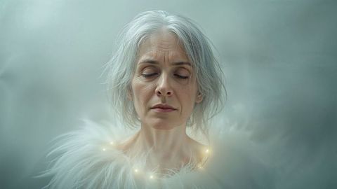 Graceful old people clad in feathered wrap with ethereal glow