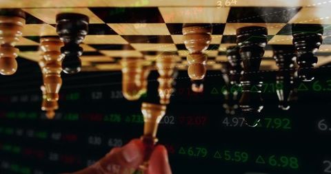 Strategic chess move overlaid with stock market analytics