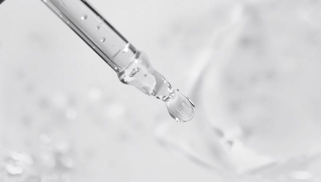 Glass dropper releasing single clear droplet with air bubbles macro skincare concept