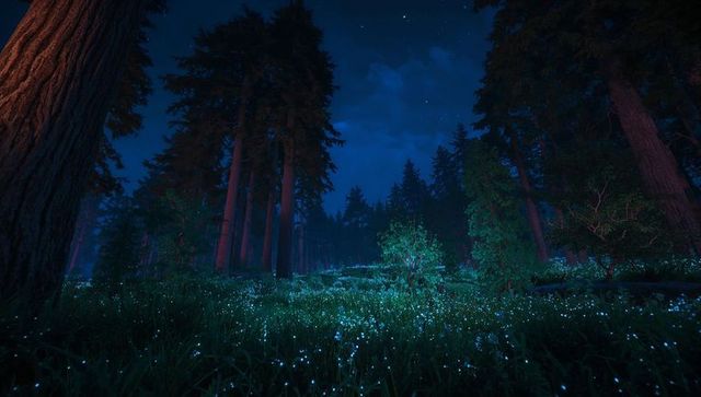 Magical Night Forest with Bioluminescent Grass Under Starry Skies