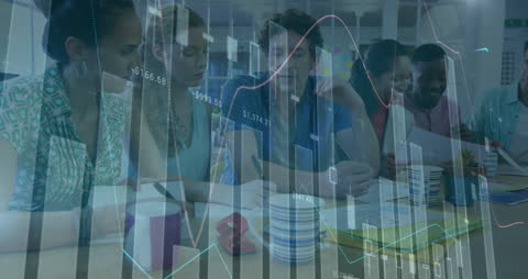 Diverse Team Analyzing Data with Overlay of Business Charts