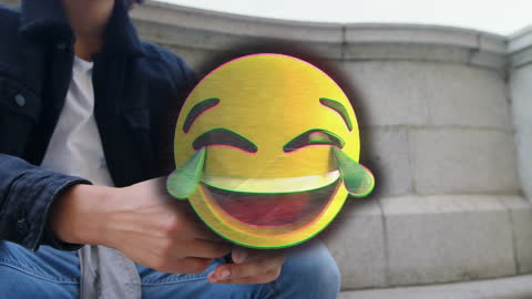 Cheerful Emoji Layered Over Contemplative Urban Setting
