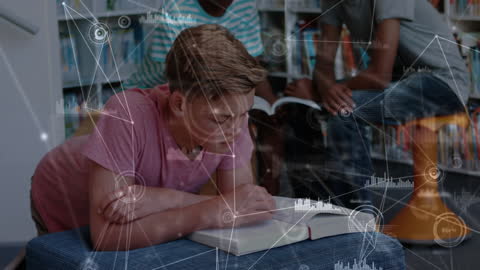Teen Student Studying with Digital Connections Overlay in Library