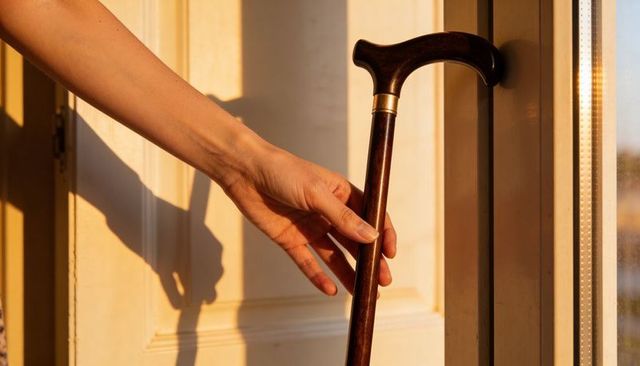 Sunlit hand holding classic wooden walking cane with curved handle beside door frame