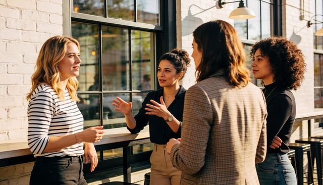 Four Women Networking and Collaborating at Urban Cafe Counter during Casual Business Meetup
