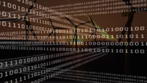 Binary Code Overlaying Wind Turbines at Sunset