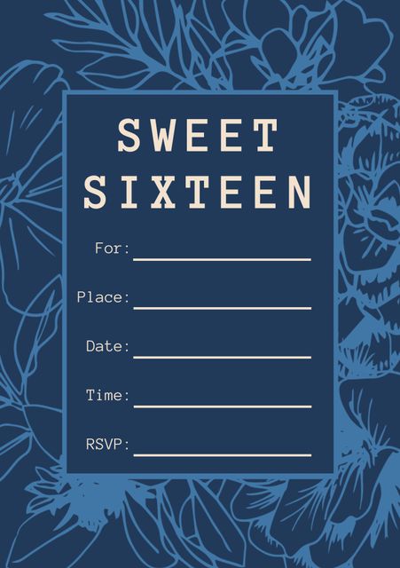 Bold Floral Sweet Sixteen Invitation Template with Blue Background - Download Free Stock Templates Pikwizard.com