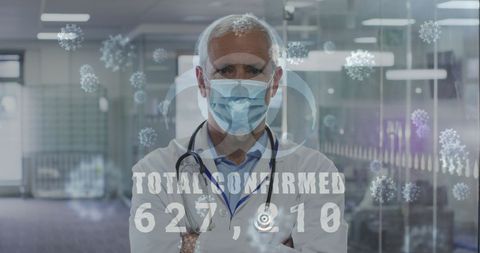 Healthcare Worker Analyzing COVID-19 Data with Digital Overlay