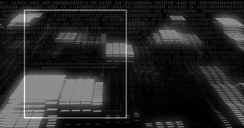 Glowing data skyline forming with binary overlay, neon grid and futuristic server nightscape