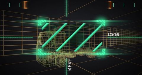 Futuristic Wireframe Cargo Truck in Digital 3D Grid