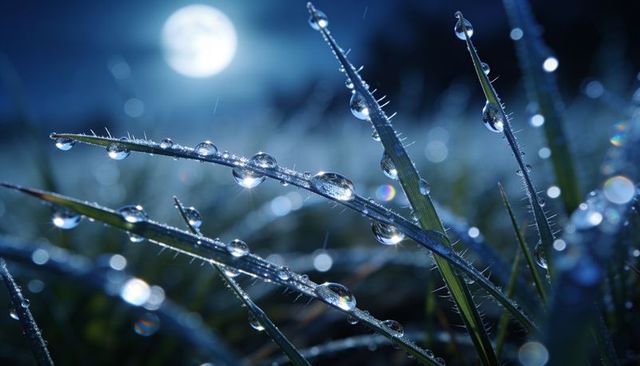Moonlight glistening on dew-covered grass blades, macro closeup with blue bokeh