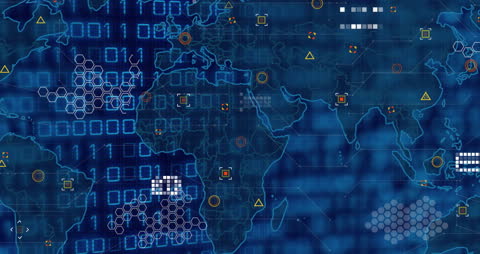 Digital World Map with Data Processing Elements in Blue Tones