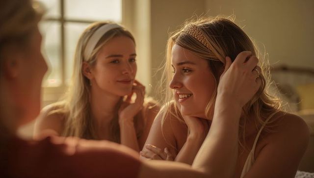 Sunlit morning conversation friends smiling adjusting woven headband in bedroom