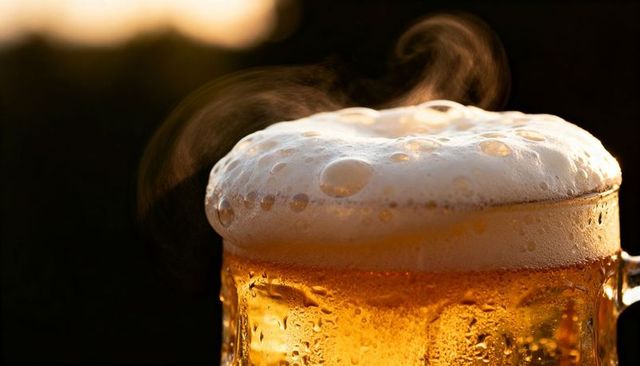 Glowing amber beer mug with frothy head and rising vapor macro closeup condensation brew
