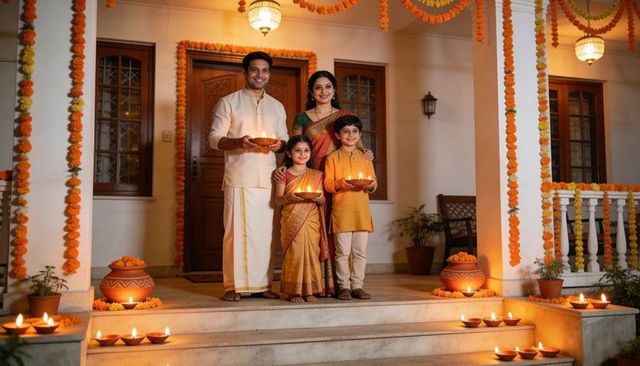 Indian family celebrating diwali on porch holding lit diyas at night with marigold decor
