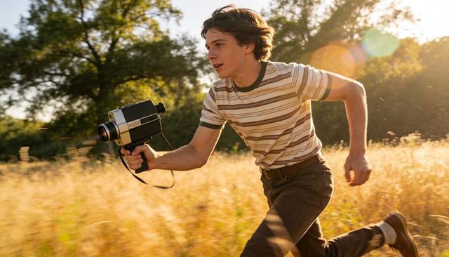 Teen running through golden meadow filming with vintage super 8 camera at golden hour