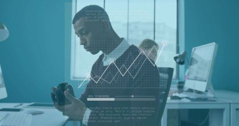 Photographer inspecting dslr camera in modern office with analytics hud overlay