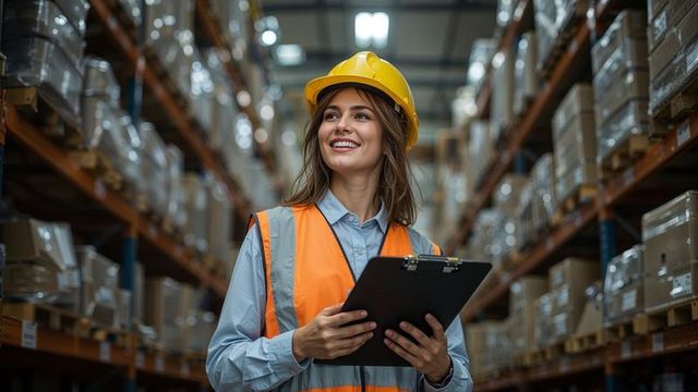 Warehouse Worker Managing Inventory with Safety Gear and Clipboard