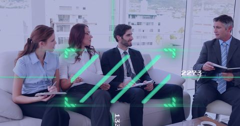 Diverse Business Team Engaged in Strategic Discussion with Digital Overlay