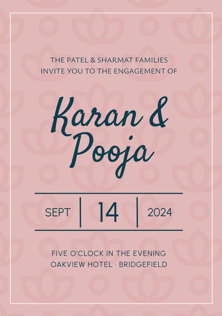 Elegant invitation card for engagement party with pink floral design. It features names Karan and Pooja, date September 14, 2024, and venue details of Oakview Hotel in Bridgefield. Ideal for use in digital invitations, announcements, and event reminders. Perfect for couples looking to celebrate their engagement with a touch of elegance and sophistication.
