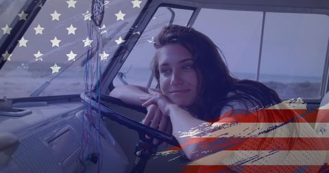 Relaxed Woman on Beach Road Trip with American Flag Overlay