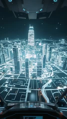 Cockpit activating projecting neon city grid while approaching futuristic central tower